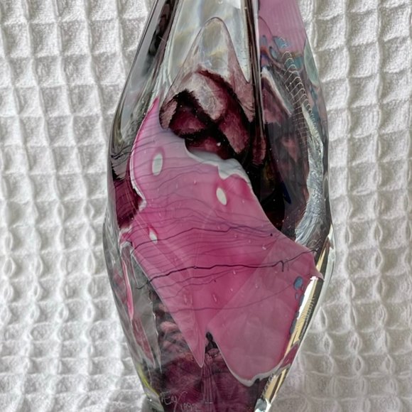 Handblown Glass Art Paperweight Pink Turquoise Burgundy Signed & Numbered - Picture 3 of 9
